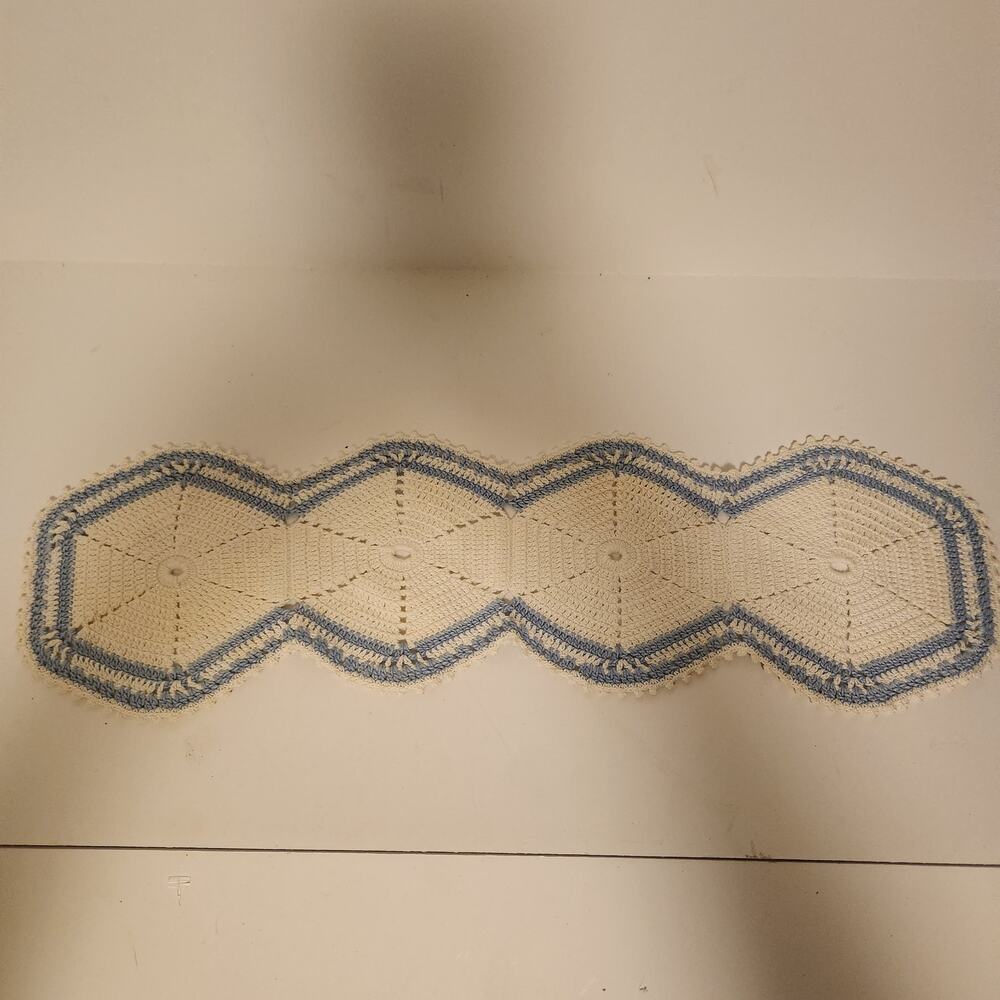 Vintage Hand Crotched Table Runner Blue & White